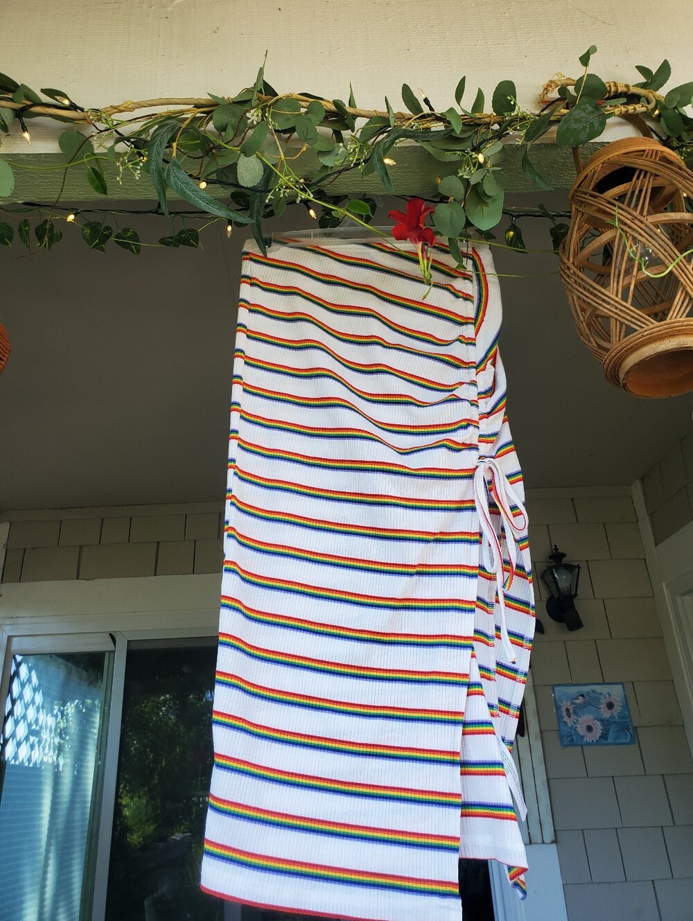 Shasa White Ribbed Midi Skirt with Multicolor Stripes